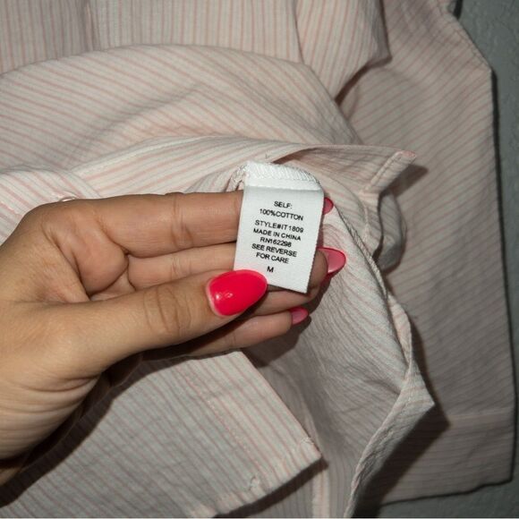 New Bucketlist Pink Pin Stripe Varsity Knit Inset Button Down Shirt Size Medium - Picture 6 of 7